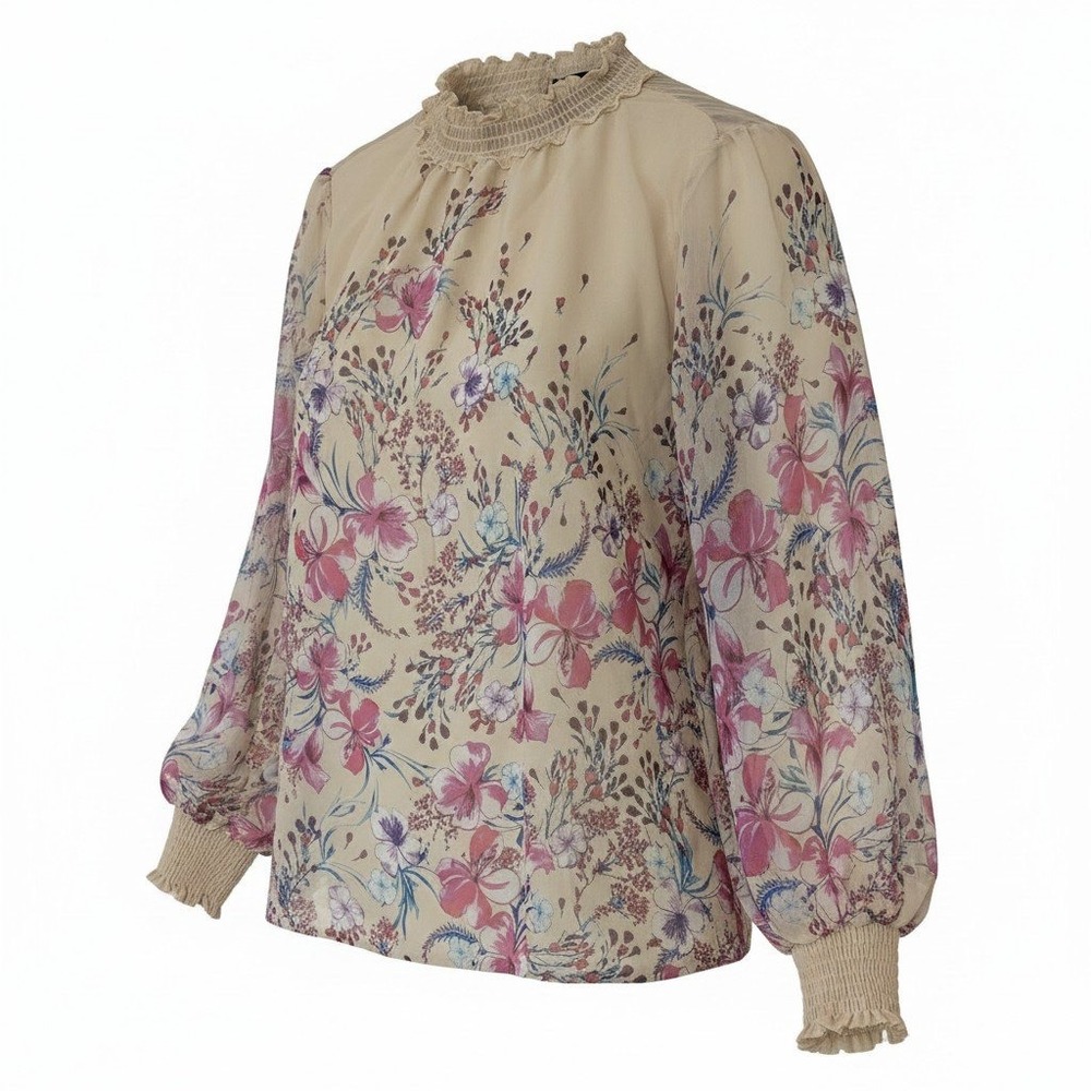 Suzanne‎ Betro Ivory Floral Sheer Smock Neck Blouse Womens Size XL Lightweight